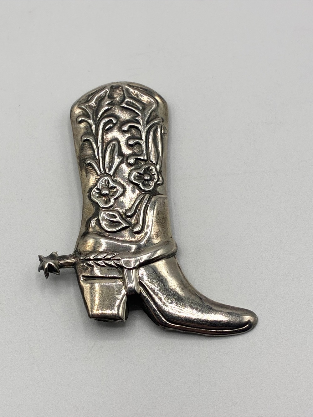 Vintage 925 Sterling Silver Cowboy Boot Brooch Pin Floral Western Spur